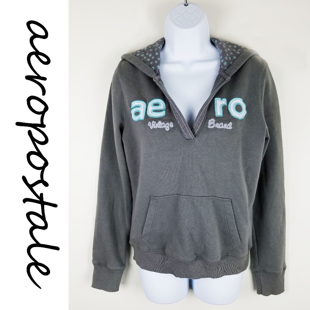 AEROPOSTALE LOGO FLEECE V NECK HOODIE TOP